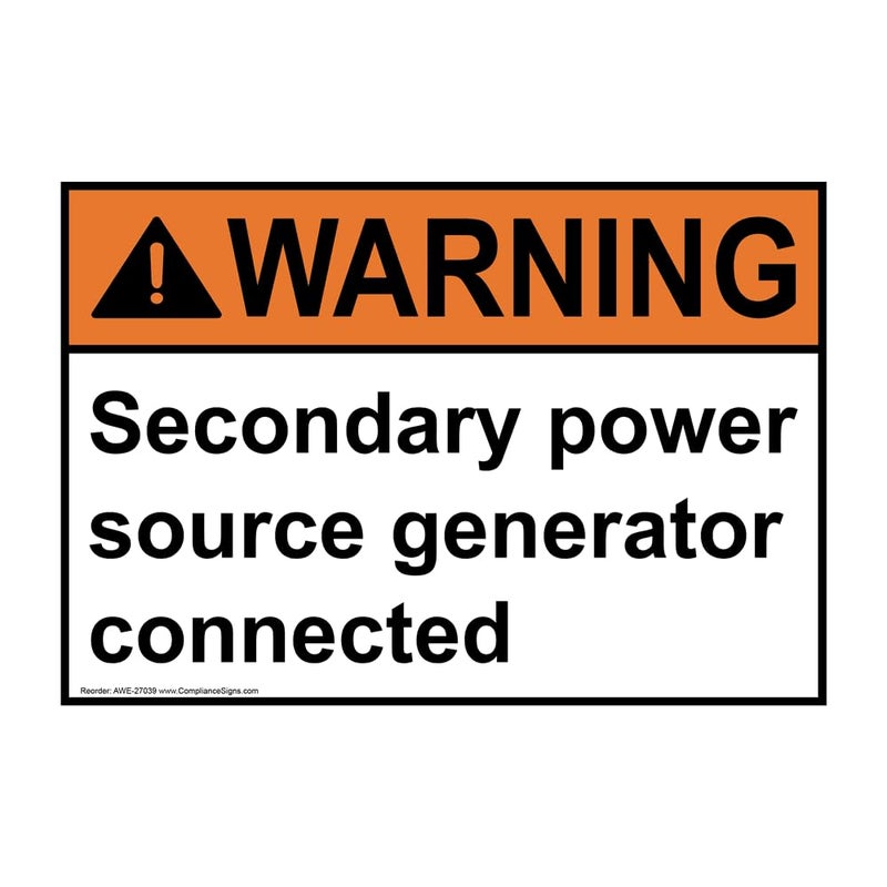 ComplianceSigns.com Warning Secondary Power Source Generator Connected ANSI Label Decal, 5x3.5 inch 4-Pack Vinyl for Electrical Industrial Notices - Image 1